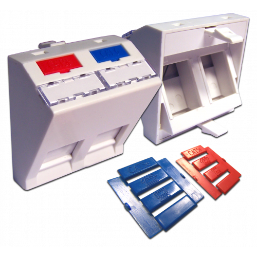 Вставка 45x45 на 2 кейстоуна, угловая, со шторкой, маркировкой и иконками, белая